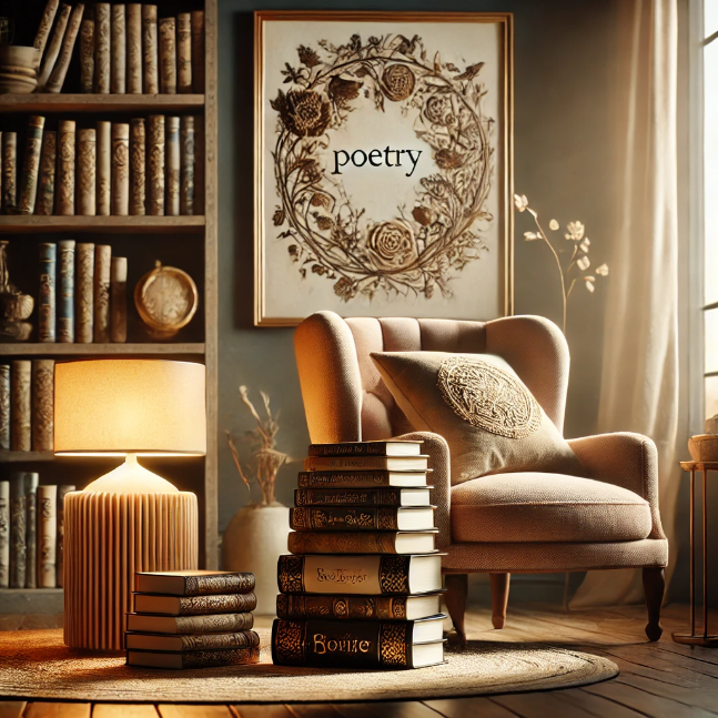 A serene reading nook with a stack of poetry books, a cozy armchair, and a warm lamp.