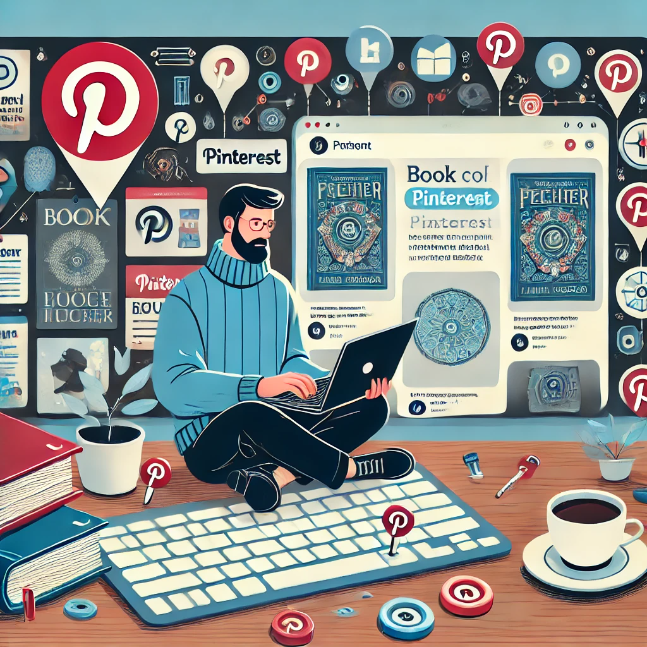 An author using a laptop, surrounded by visual elements like book covers, Pinterest icons, and promotional pins. The background features a Pinterest interface showing boards with book-related content.