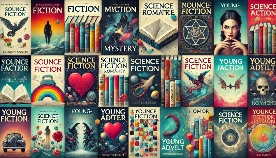 Wide image showcasing various book genres with visually distinct covers, including fiction, mystery, romance, science fiction, fantasy, non-fiction, young adult, and horror, arranged in a colorful and engaging layout