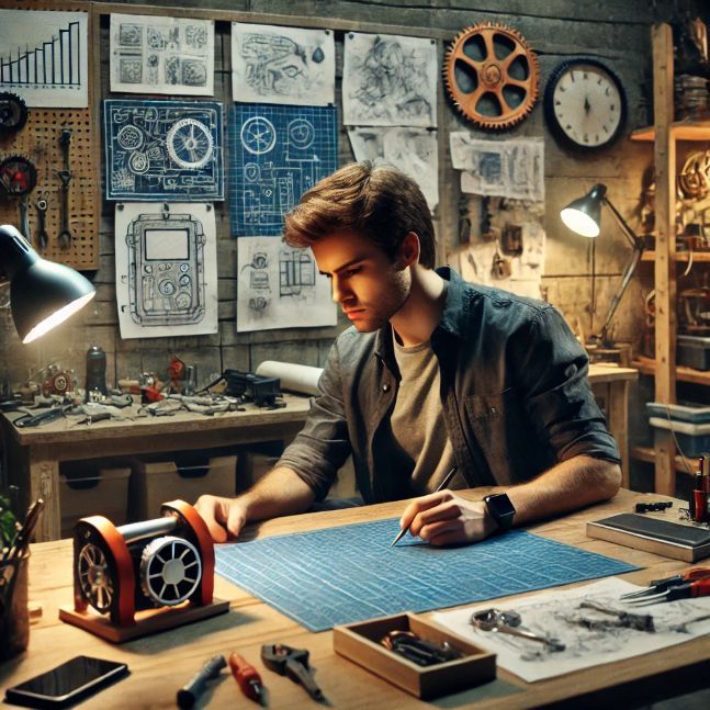 Jack, an aspiring inventor in his garage workshop, focused on his portable energy device, surrounded by tools, sketches, and a creative atmosphere filled with gadgets and blueprints.