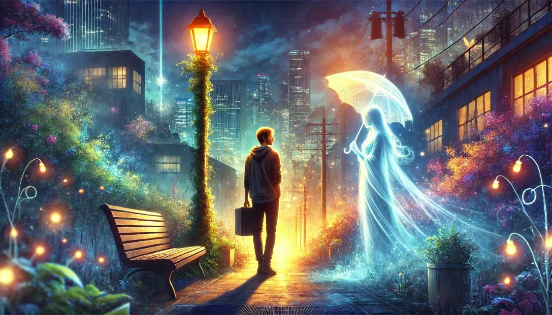 A young artist meets an ethereal girl under a glowing streetlamp in a vibrant city at midnight.