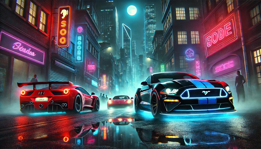 A thrilling night-time car race in a neon-lit city, featuring a sleek black Mustang with blue neon underglow leading the race, closely followed by a fiery red Ferrari and a silver Porsche.