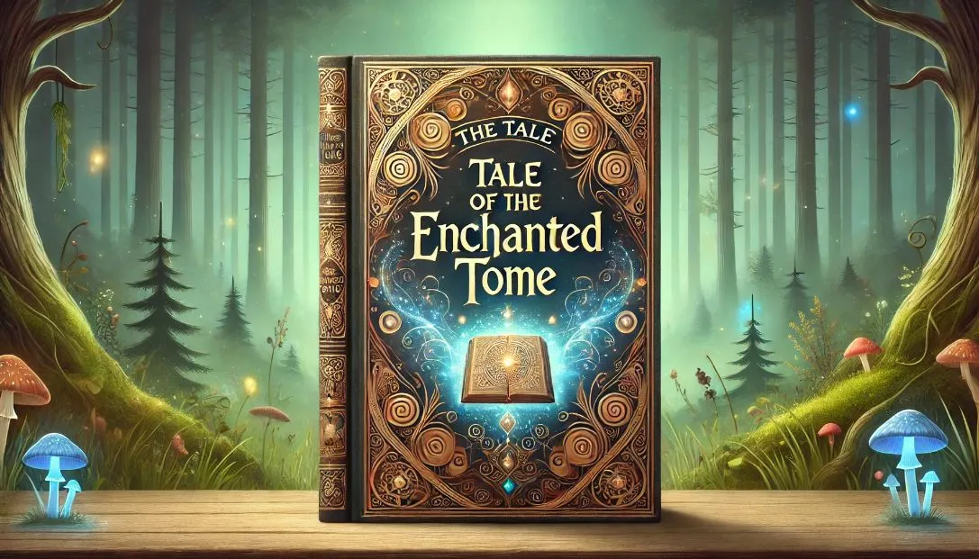 A wide book cover featuring an ancient, glowing book with intricate designs. The background is a magical forest with a mystical aura, and the title is written in elegant, golden lettering.