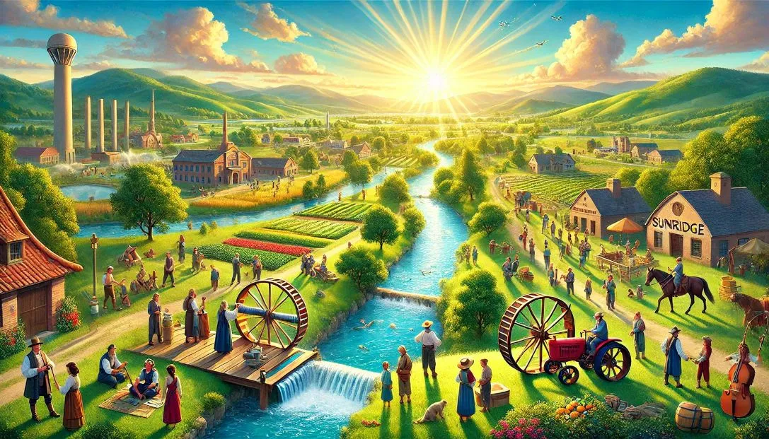 The vibrant town of Sunridge with townspeople working together to build an irrigation system under a clear sky, surrounded by lush green hills and a sparkling river, reflecting a hopeful and optimistic atmosphere.