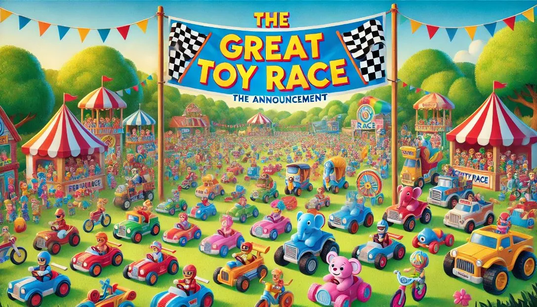 A colorful scene of Toyville Park filled with excitement as toys gather for the annual Great Toy Race. A large banner reads &amp;quot;The Great Toy Race,&amp;quot; setting a festive atmosphere.