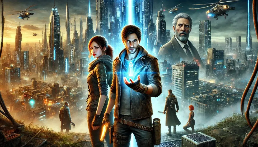 Eli and Dr. Mara stand in a gritty lower city with a glowing vial, surrounded by futuristic and dystopian elements. In the background, Agent X watches from the shadows.