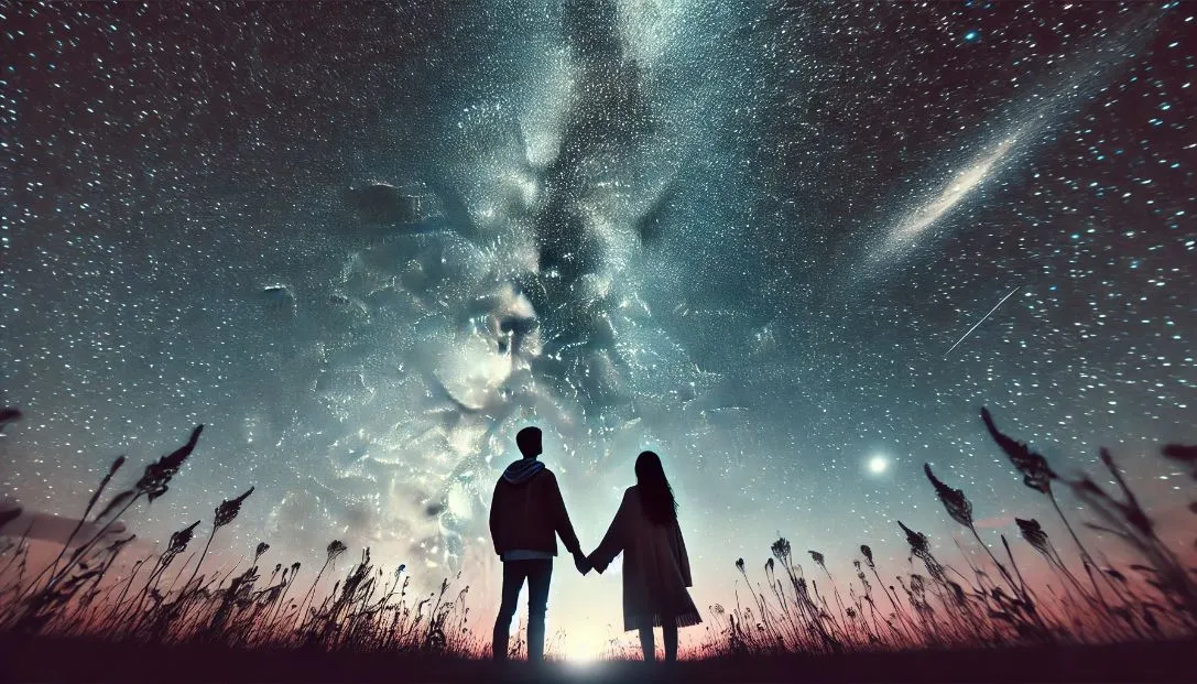 A couple standing together under a star-filled sky, with the Milky Way visible. They are holding hands and looking up, symbolizing their connection to the universe and each other.