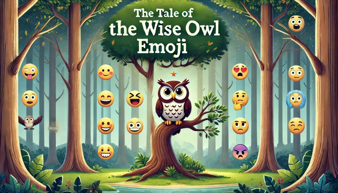 A serene forest with a large tree in the center where a wise owl emoji 🦉 sits on a branch, surrounded by emojis like Happy 😊, Sad 😢, Angry 😡, and Surprised 😱.