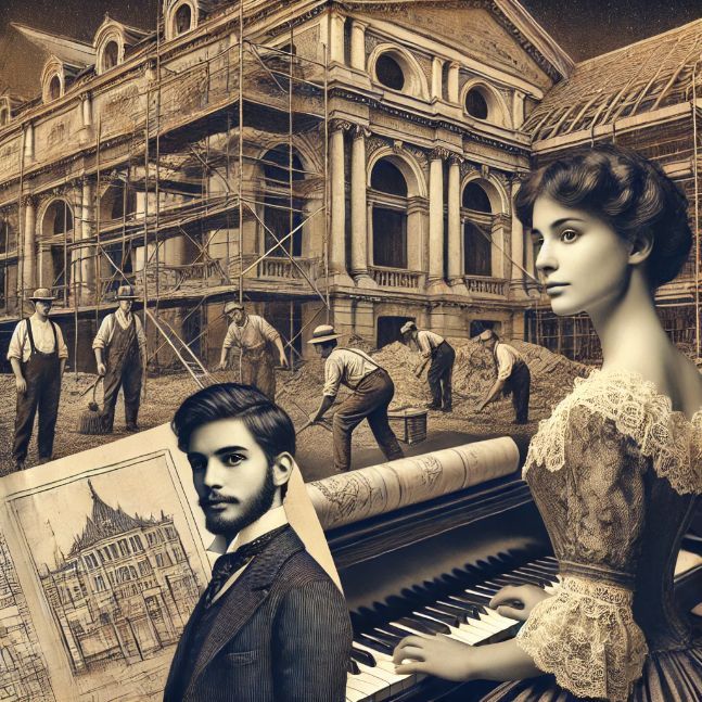 Historical construction site of an early 20th-century theater with a young architect and a pianist in a vintage dress.