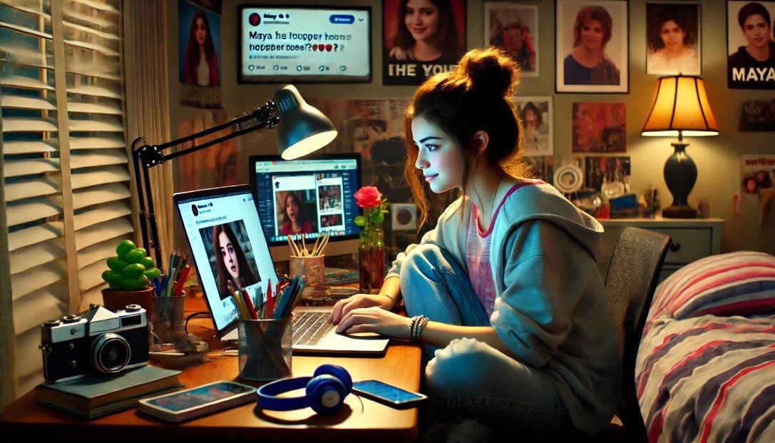 Maya, a tech-savvy teenager, sitting at her desk in her bedroom, browsing her social media feed with amusement as she comes across a meme mocking a fellow student.