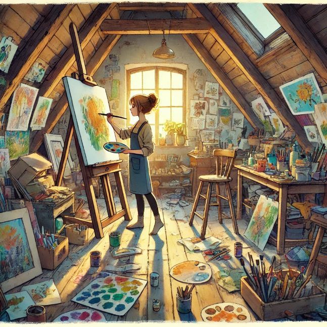 Mia, a young artist, working on a large canvas in her attic studio, surrounded by colorful paintings, sketches, and art supplies, with natural light creating an atmosphere of creativity and passion.