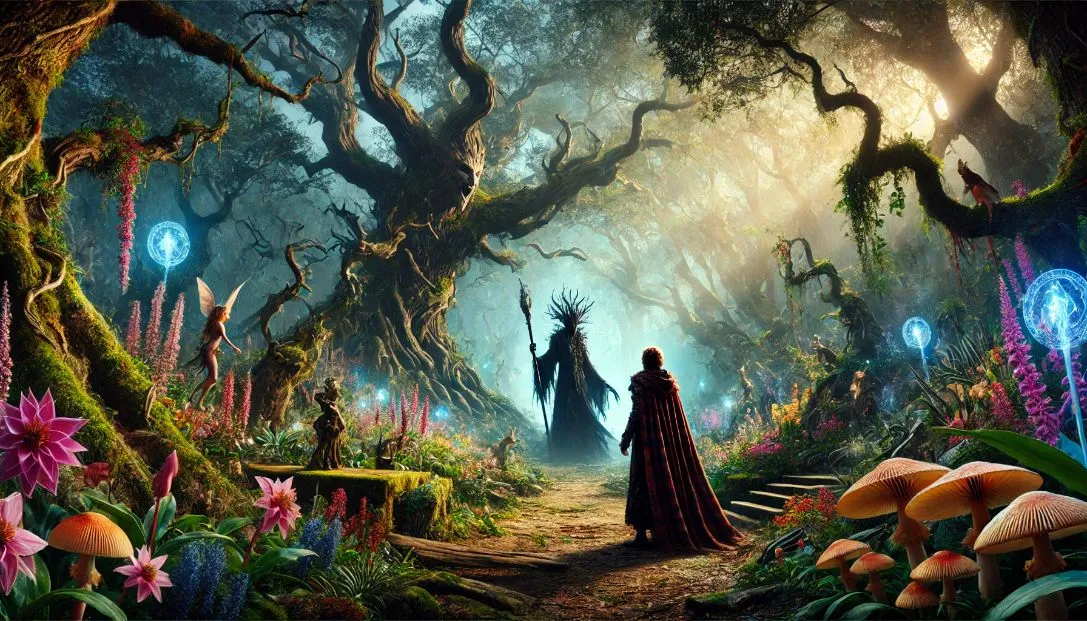 An enchanted forest with ancient oak trees and vibrant magical plants, featuring a sorcerer confronting a shadowy guardian surrounded by ethereal light and mystical creatures.