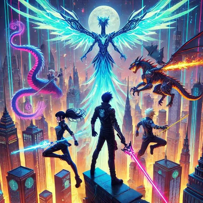 Jax and Seraphine, with the help of the Neon Phoenix and Cyber Dragon, defeat the Shadow Collective, restoring balance to Luminara, which shines brightly in the aftermath.