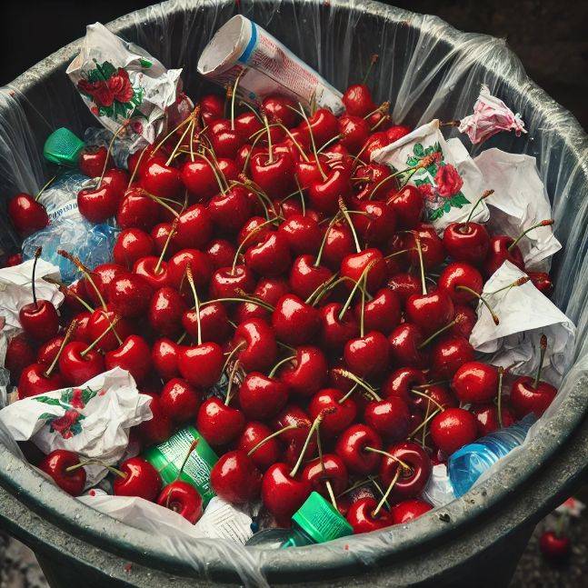 cherries in trash bin