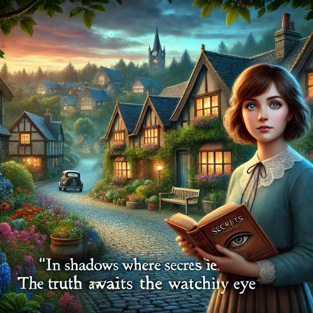 A young detective named Lily stands in front of a mysterious library, holding a dusty old book titled 'Secrets of Eldridge.' The quote 'In shadows where secrets lie, the truth awaits the watchful eye' is subtly incorporated into the scene.