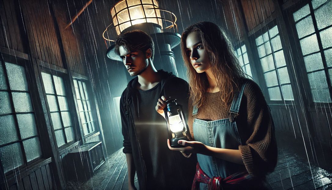 Young woman and man inside an eerie lighthouse at midnight, searching for clues in the soft light of a phone, with a storm raging outside.