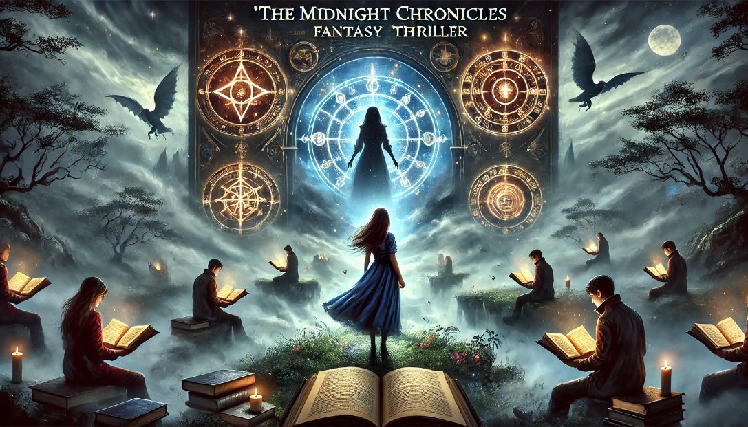 A scene from "The Midnight Chronicles" featuring Elara in a mystical landscape with glowing symbols, surrounded by enchanted readers absorbed in books, capturing the essence of a high-engagement fantasy thriller portal.