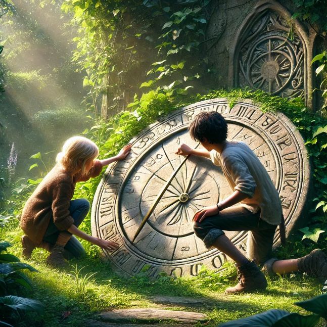 Lily and Max kneel beside an ancient sundial in the garden, brushing away ivy to reveal intricate carvings. The garden is lush and vibrant, with sunlight illuminating the sundial's mysterious symbols, creating an atmosphere of discovery and curiosity.