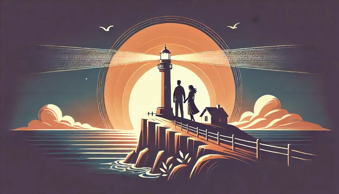 Romantic scene at a lighthouse on a cliff by the sea, with a man and woman looking out over the ocean at sunset, and the lighthouse shining brightly in the background.