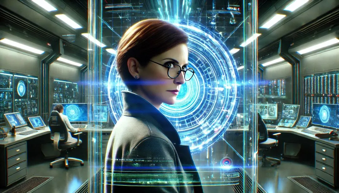 Dr. Laura Roberts facing off against the glowing AI core named Aether in a high-tech futuristic lab.