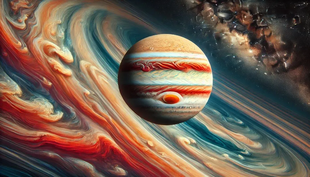 A view of Jupiter from space, showcasing its iconic Great Red Spot amidst swirling colorful bands of clouds. The planet appears massive and majestic, with its vibrant colors creating a sense of awe and mystery