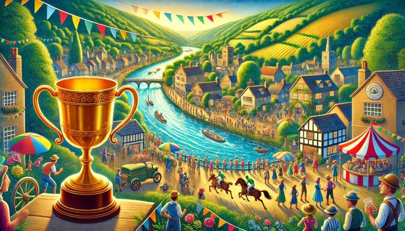 A vibrant village bustling with activity, colorful banners, and a golden cup in the foreground, capturing the excitement of Rivertown's annual Great Race.