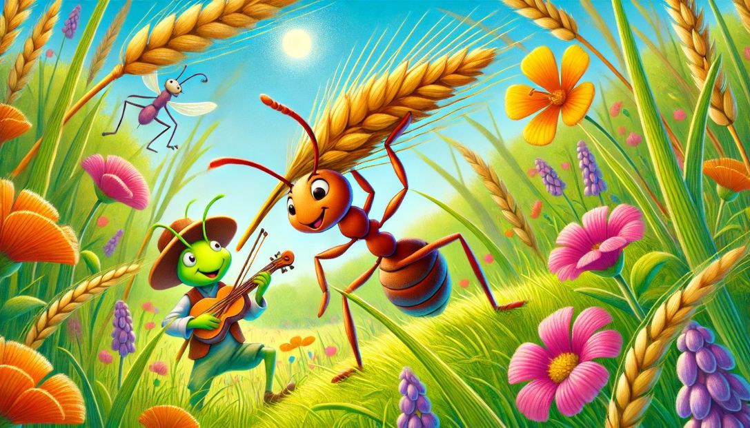 Anna the ant carrying a heavy grain of wheat back to her anthill on a bright summer day in a vibrant meadow, with Gary the grasshopper playing his fiddle nearby.