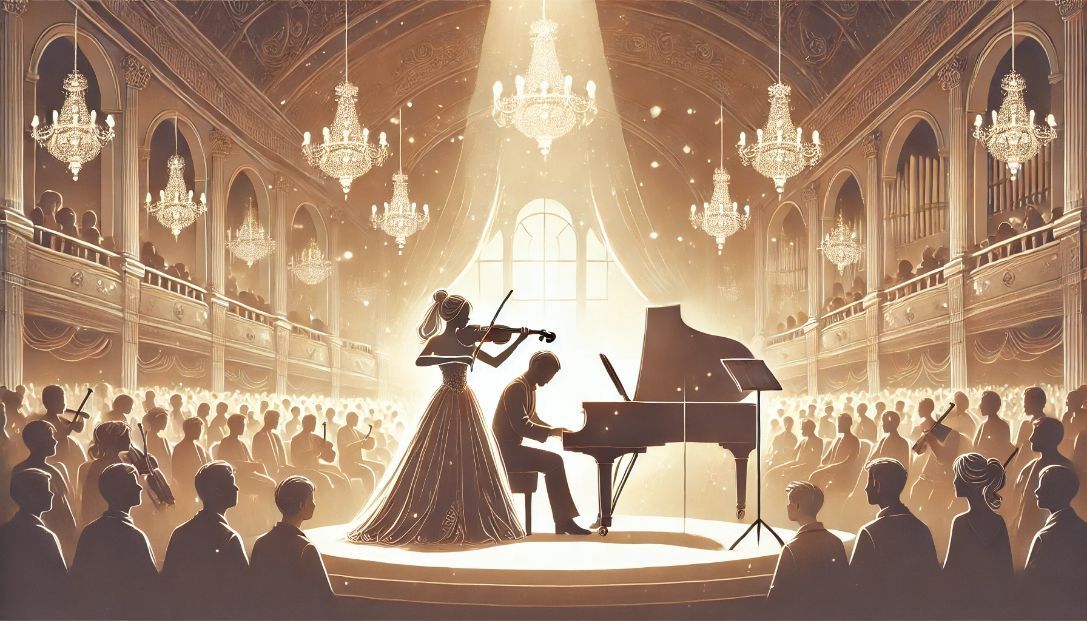 A woman violinist and a man pianist performing together on stage in a grand concert hall, surrounded by a captivated audience, symbolizing their deep connection through music.