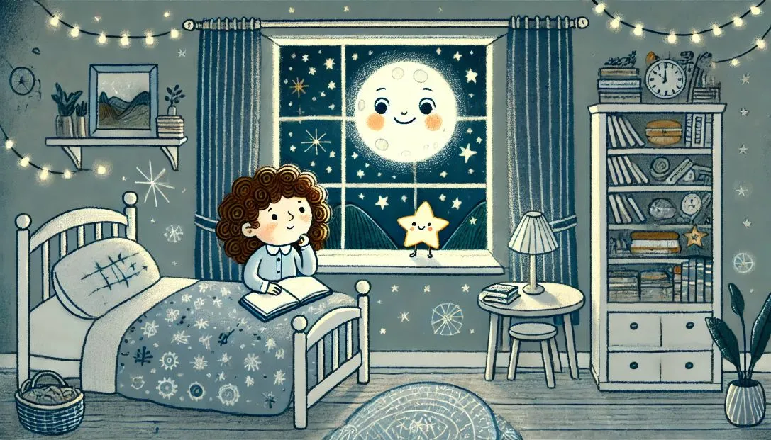 Luna, a young girl with curly brown hair, is gazing out her cozy bedroom window at a full moon and twinkling stars. Her room has a small bed, books on a shelf, and moonlight