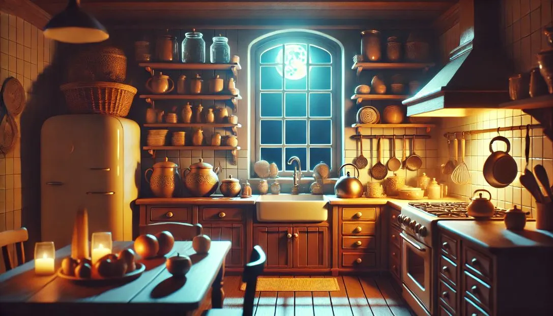 A cozy, softly-lit kitchen at night with various kitchenwares and vessels arranged neatly on the shelves and countertops. The moonlight streams through the window, creating a warm and inviting atmosphere.