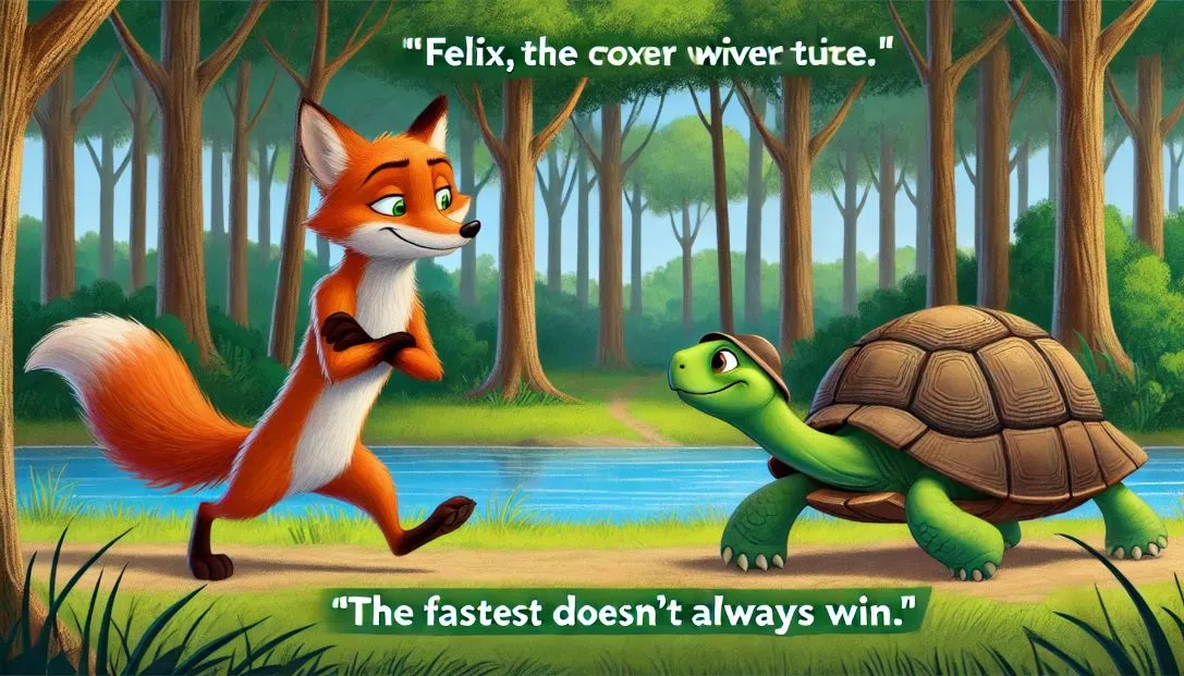 Felix, the clever fox, confidently challenging Tessa, the wise turtle, to a race in a lush, green forest with a serene lake in the background.