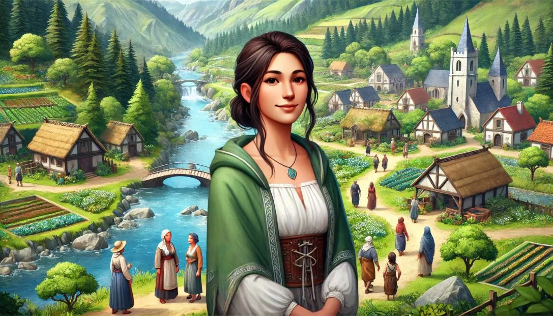 A serene village nestled between lush green hills and a sparkling river, with Elara, a young woman known for her kindness and wisdom, standing at the center surrounded by villagers.