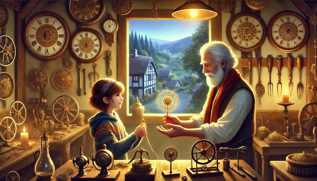 Elara, a young girl, stands in a quaint village workshop filled with intricate clocks and tools. She holds a small, glowing spindle, handed to her by her elderly grandfather with silver hair and kind eyes. The warmly lit room has walls lined with clocks.