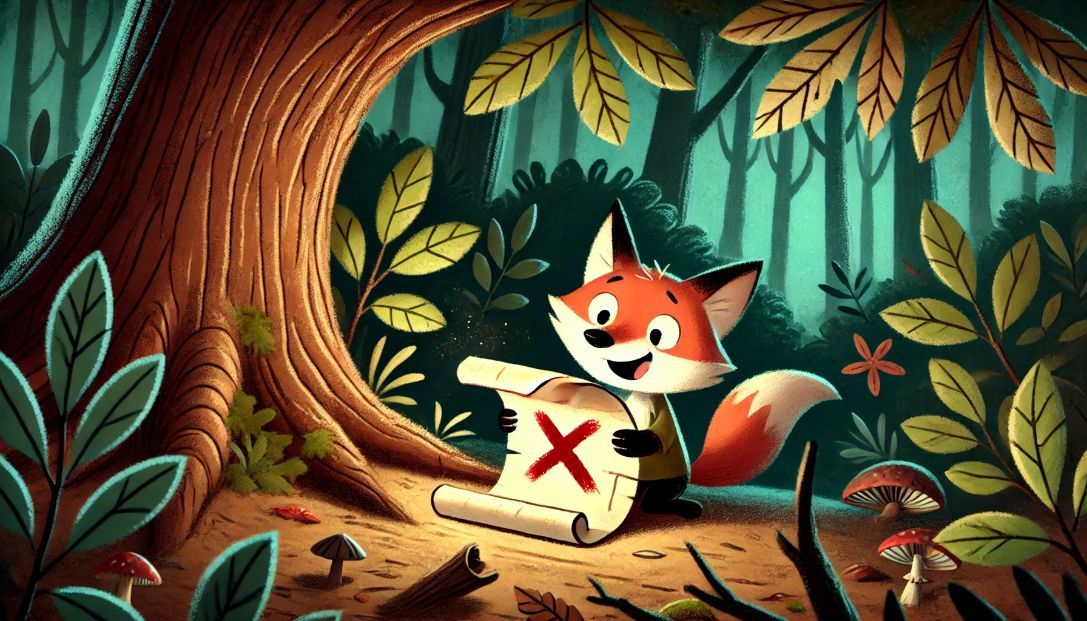 Felix the fox finding an ancient map near an old oak tree in a mysterious forest, with a big red "X" marked on it.