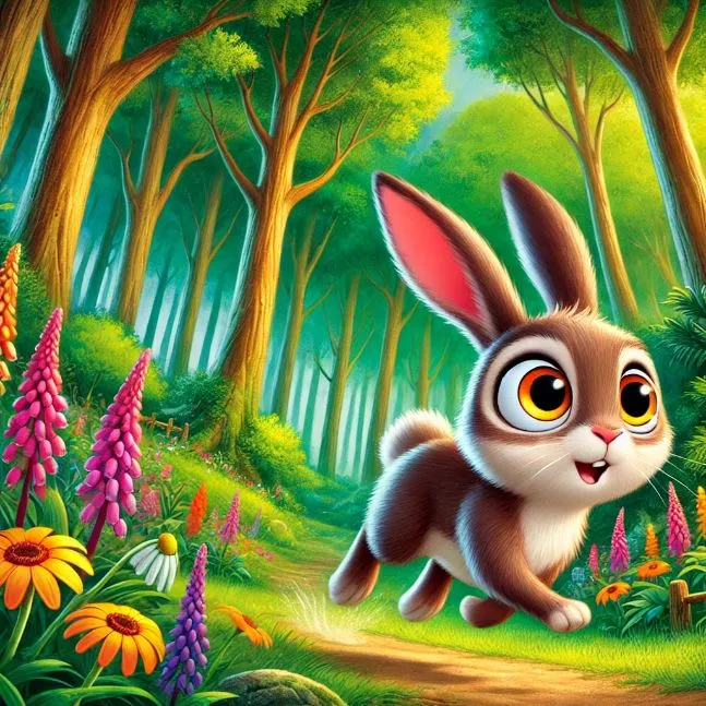 A vibrant forest scene with Rocco, the impatient rabbit, hopping around energetically.