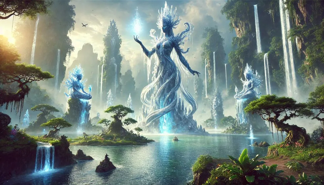 A wide fantasy scene of an island with majestic water statues and a central lake featuring a glowing orb held by a female water statue, symbolizing the island's magic.