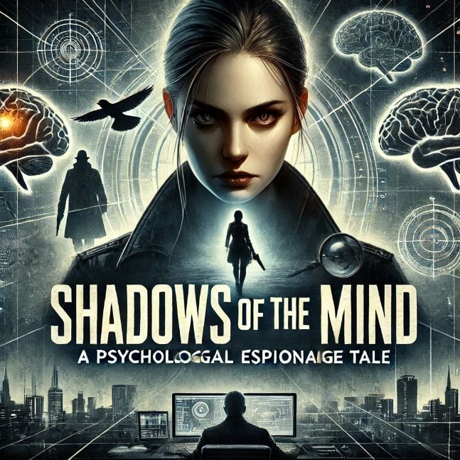 A female spy with a serious expression navigating a shadowy, labyrinthine cityscape, with the title &quot;Shadows of the Mind: A Psychological Espionage Tale&quot; displayed prominently.