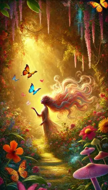 A hidden magical garden bathed in golden sunlight. A guardian named Flora, with hair flowing like a river of rainbows, stands amidst vibrant foliage. Butterflies of various colors flutter around her as she gently blows them from her hand.