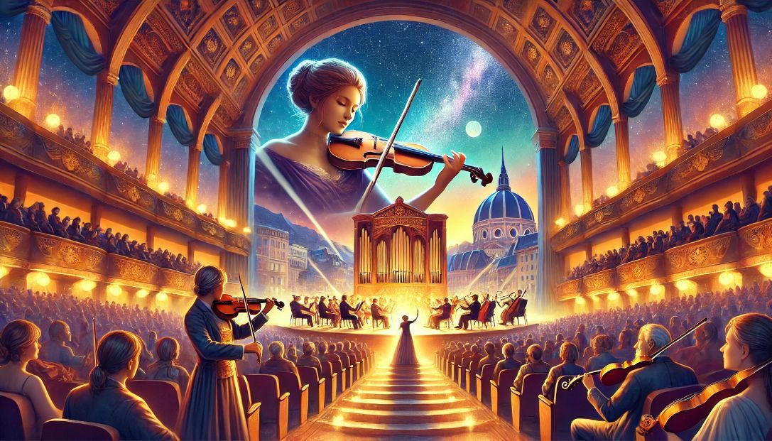 A vibrant cityscape of Armonia with a grand concert hall. Inside, Thalia, a violinist, performs on stage with an ancient violin. The audience is captivated, with one member, Leander, a painter, visibly inspired.