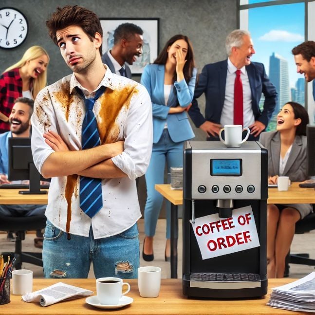 Man with a coffee-stained shirt standing by an 'Out of Order' coffee machine