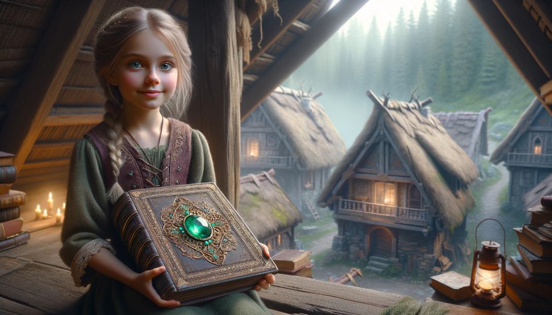 A young girl named Elara sitting in a cozy attic filled with dusty old books, holding an old, weathered book bound in rich, dark leather with intricate gold filigree