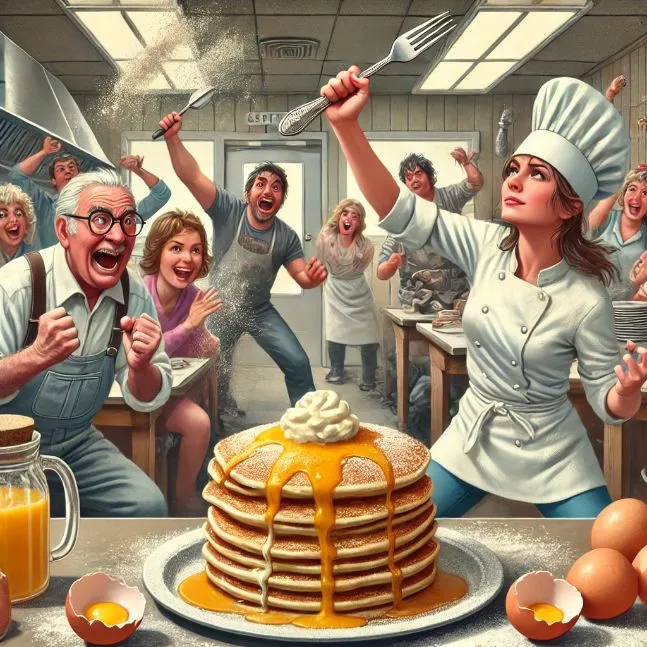 Chaos in a diner with pancake enthusiasts, flour flying, and eggs cracking. A determined man raises a fork, and the jovial owner holds a stack of pancakes.