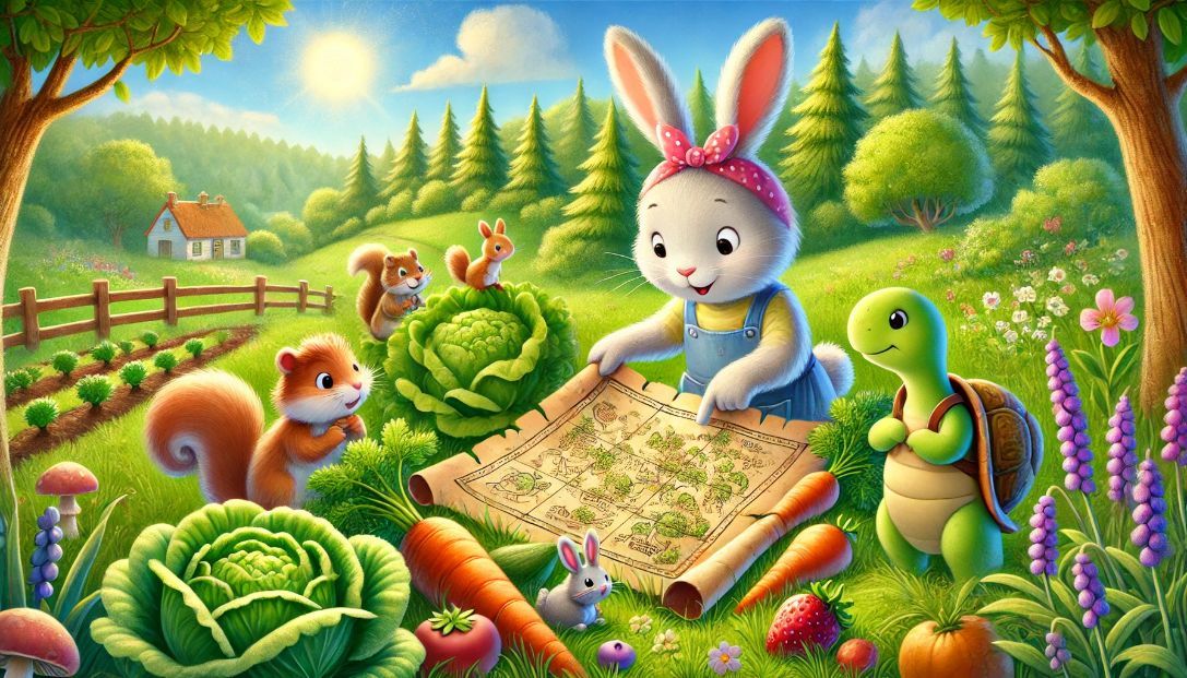 A sunny meadow at the edge of a forest with Rosie the Rabbit tending her garden and holding an old map, surrounded by her friends Sammy the squirrel, Polly the bird, and Toby the turtle.