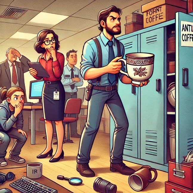 Office employees frantically search for a missing antique coffee mug. The assistant holds the found mug with a triumphant smile, while the stern boss watches nearby with relief.