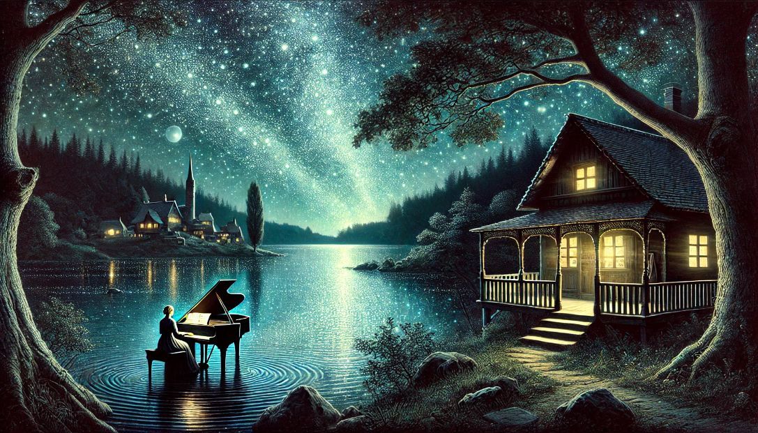 A serene night scene by a shimmering lake, with a quaint cottage on the edge. Lysandra, a composer, is playing the piano on the veranda under a canopy of twinkling stars. The lake emits a strange, shimmering light