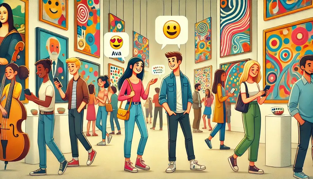 Ava and Max stand in a bustling art gallery filled with colorful abstract paintings, exchanging smiles. Their smartphones are visible, hinting at a future connection. Art-themed emojis 🎨🎭 float subtly in the air