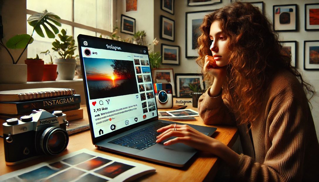 Ava, a young woman with curly hair, is sitting at her desk, looking at her laptop screen displaying her Instagram account. The screen shows a sunset photo she posted, with a thoughtful comment from Max.