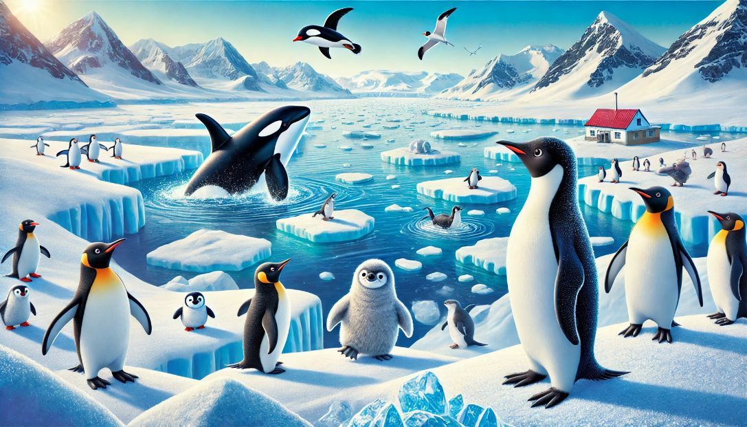 An icy Antarctic landscape with Penny the Penguin and her friends, Oscar the orca, Sally the seal, and Timmy the tern, preparing for their quest.