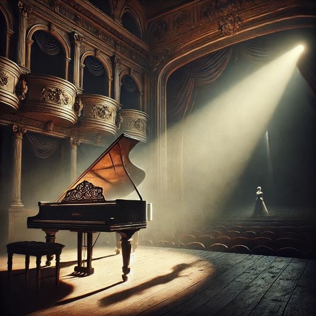 Abandoned theater with grand piano and spotlight.