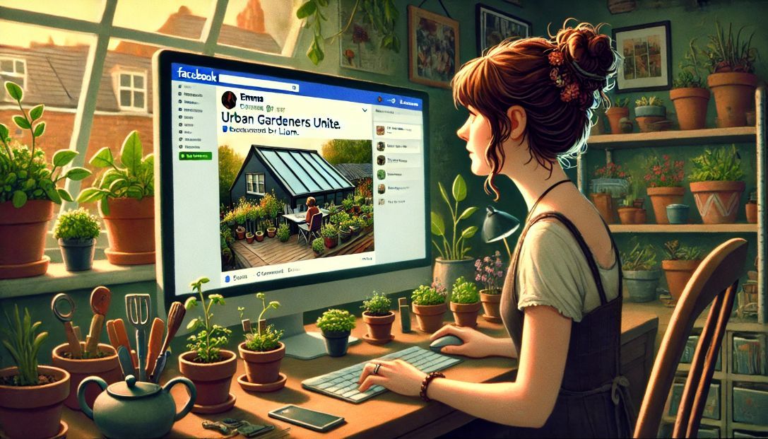 Emma is sitting at her desk, intently looking at her computer screen displaying the Facebook group "Urban Gardeners Unite." The screen shows vibrant photos of a rooftop garden posted by Liam.